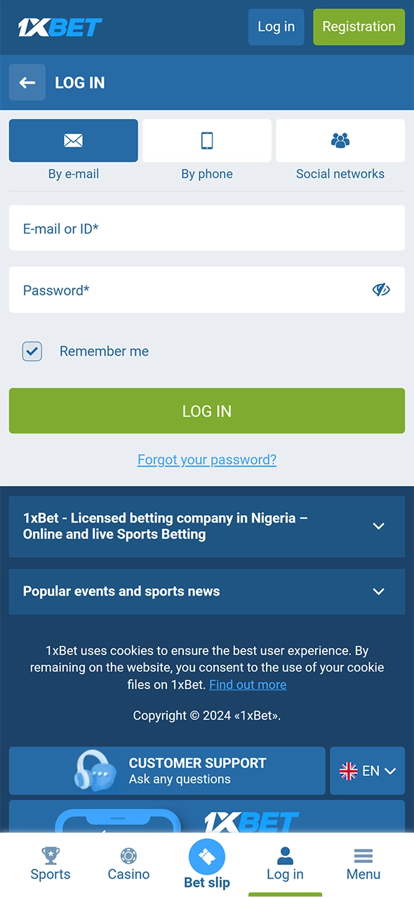 Create a new account or log in to an existing one on 1xBet.