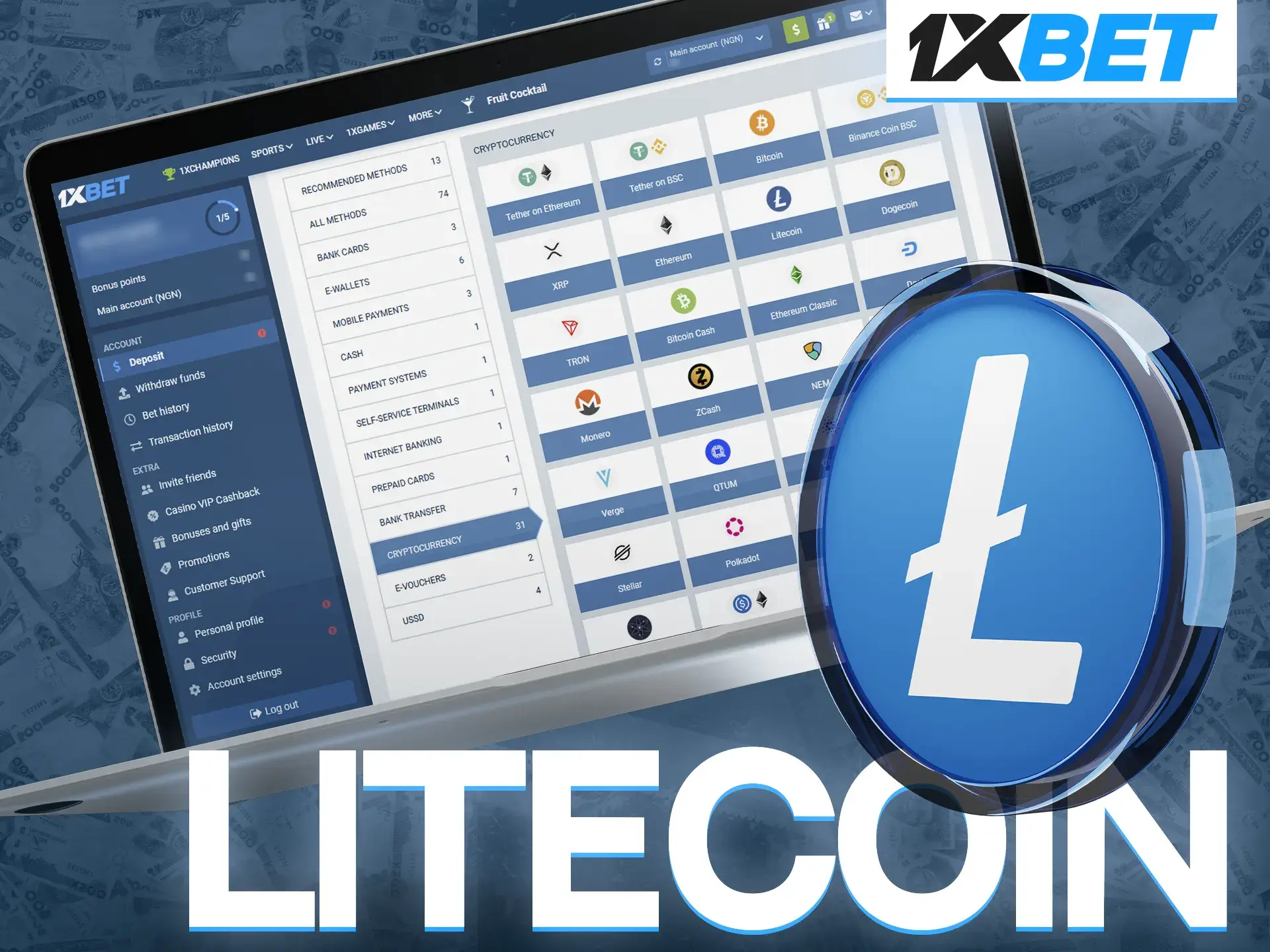 Quickly deposit Litecoin cryptocurrency into your 1xBet casino account.