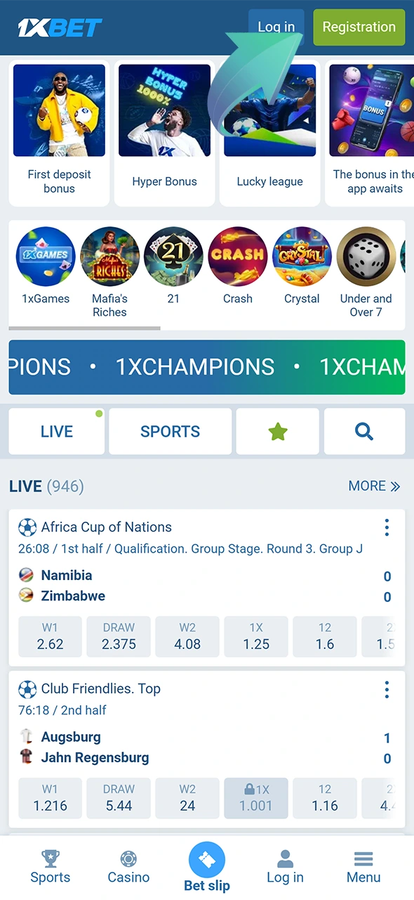 On the 1xBet homepage, look for the Registration button.