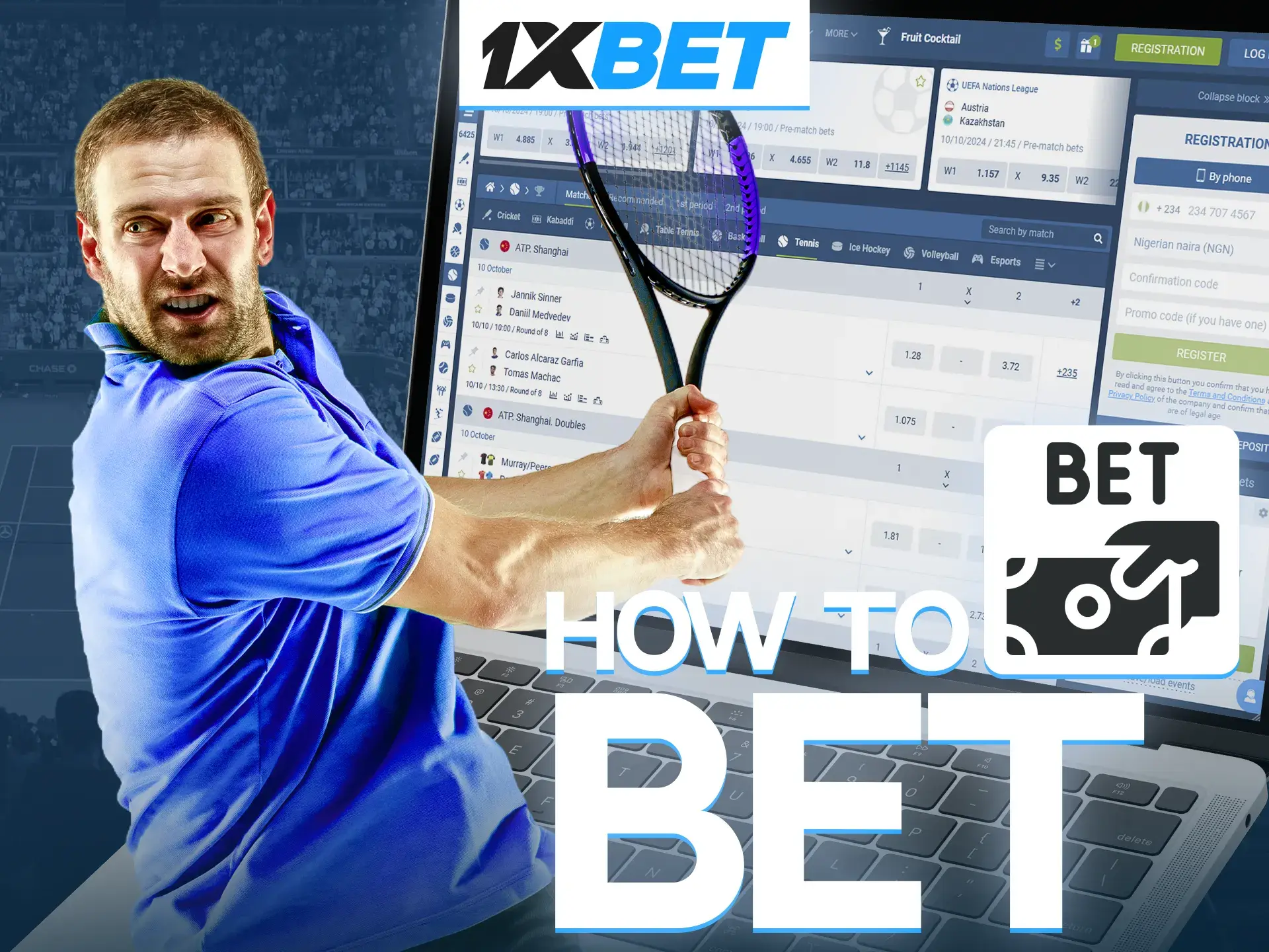 Register in one click and start earning with 1xBet by making tennis predictions.