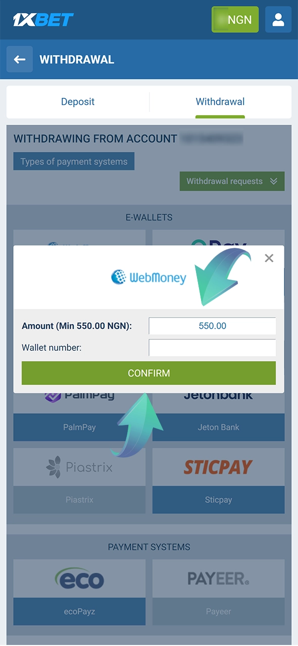 Input the desired amount to withdraw money at 1xBet.