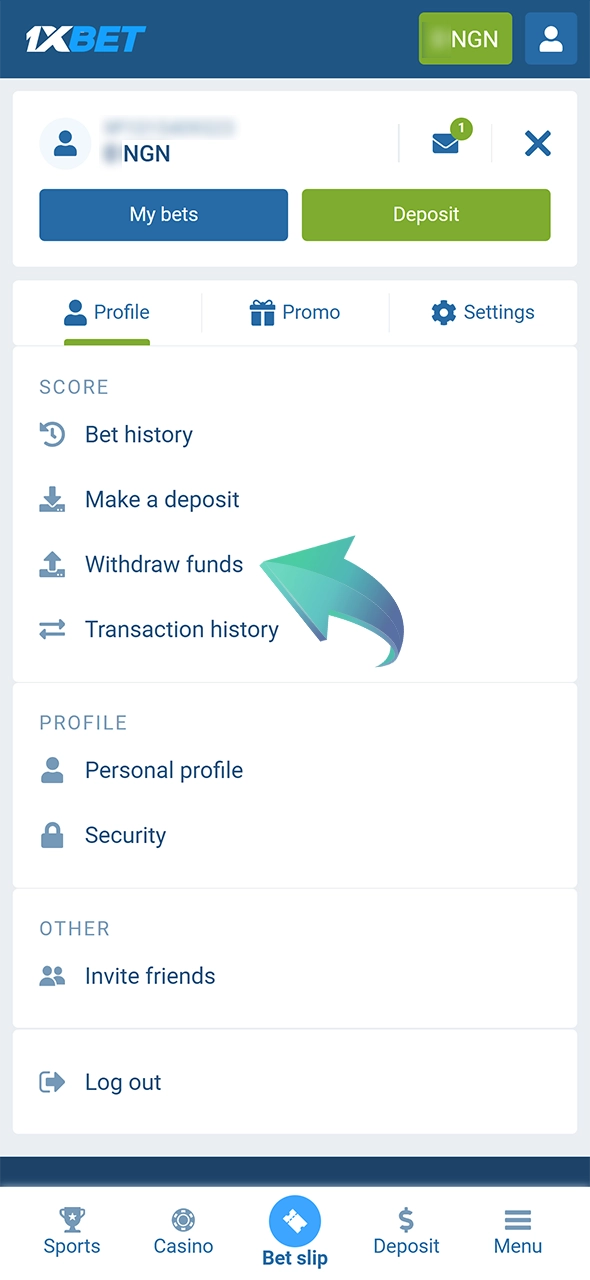 From the menu that appears, choose Withdraw funds at 1xBet.