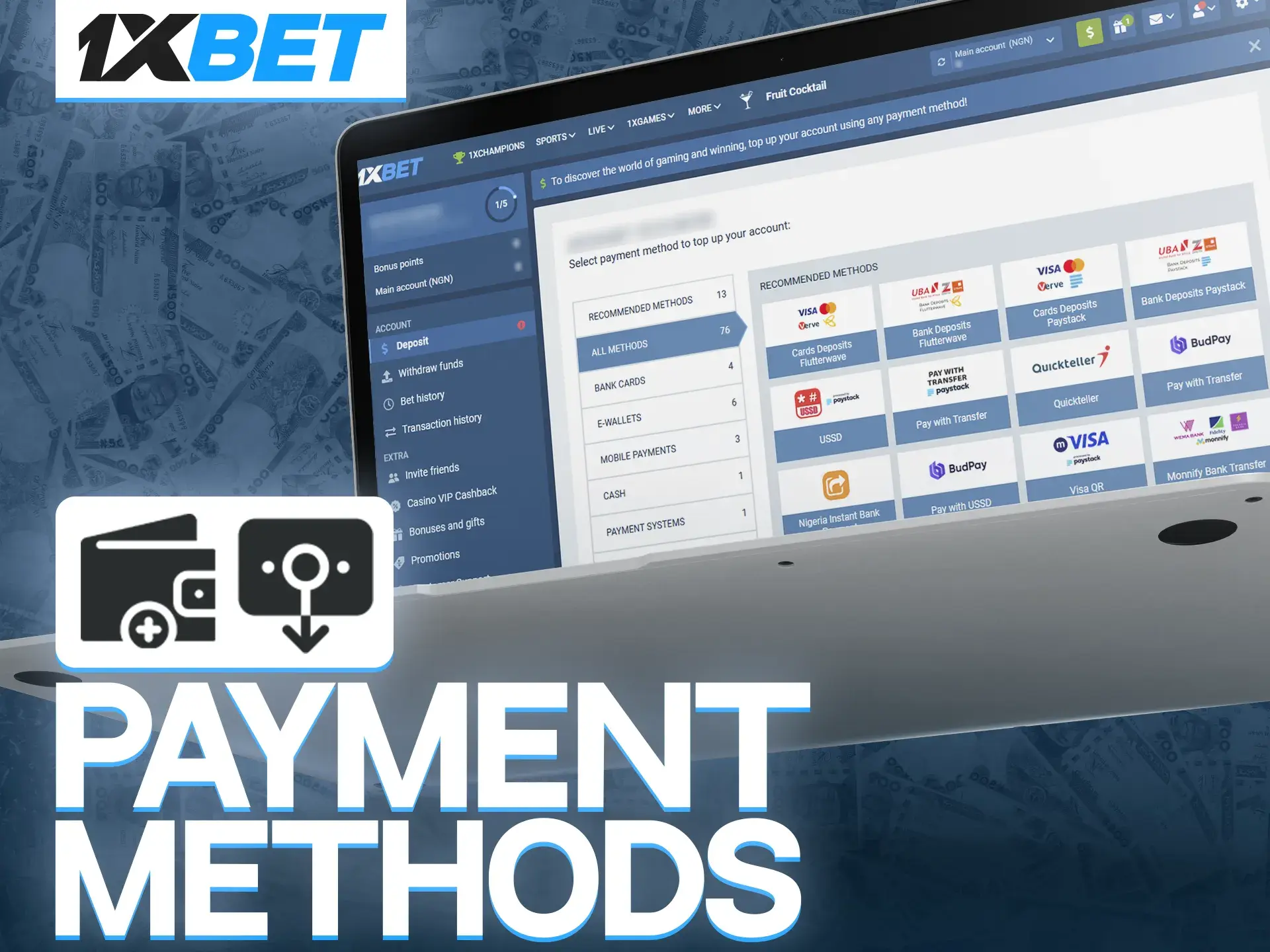 Deposit to your 1xBet account in just a couple of clicks using popular payment systems.