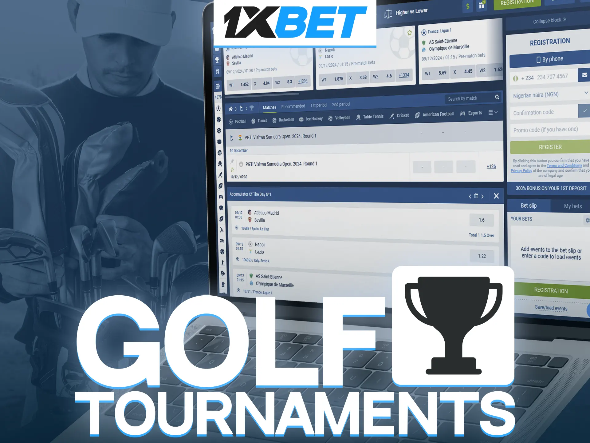 Take the opportunity to win big by making predictions on golf tournaments at 1xBet.